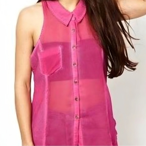 Free People ✦ Button-Down Top ✦ Rich Pink Sheer Seam Stripes Sleeveless Collared - Picture 8 of 9